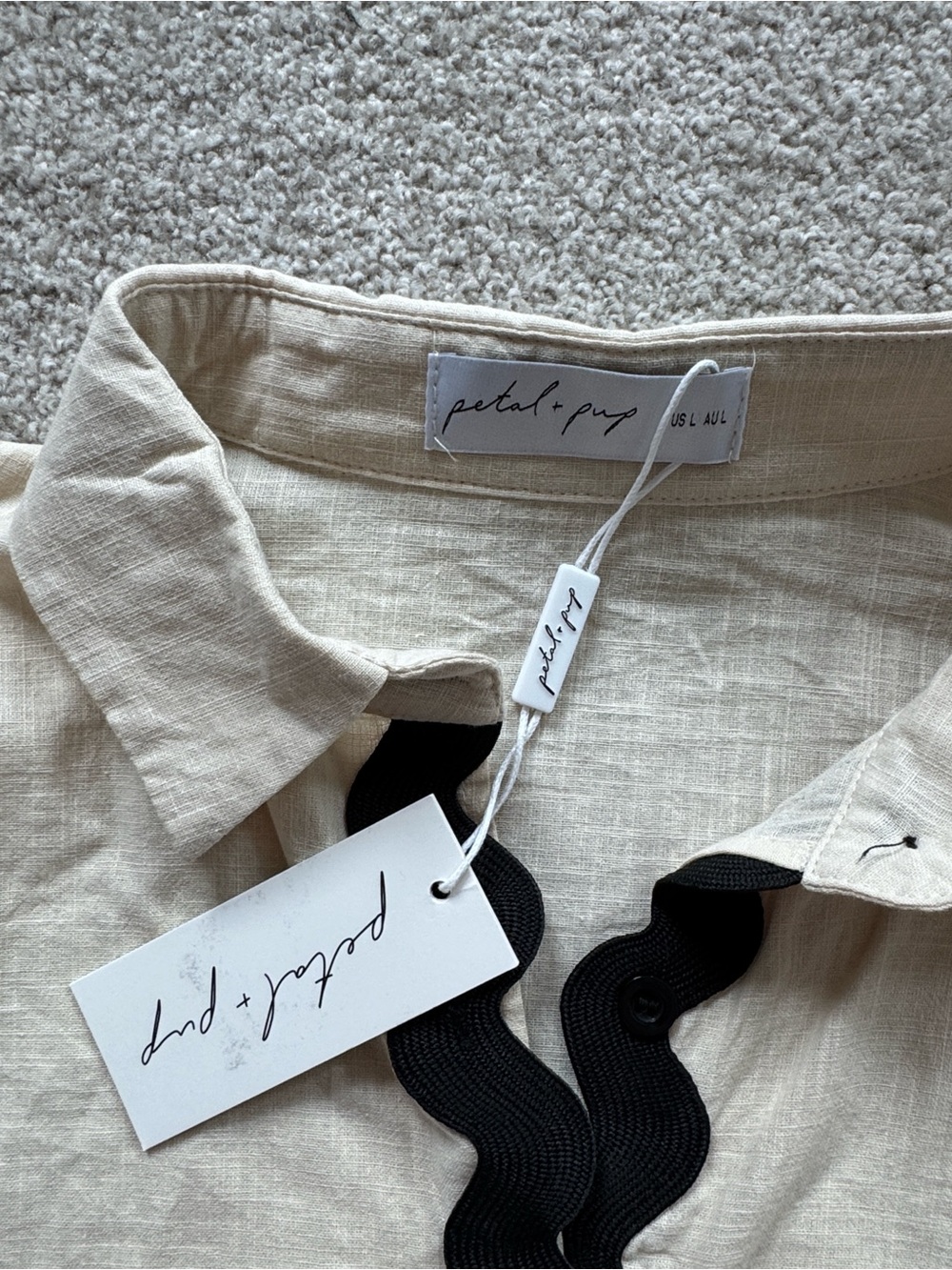 Women’s Two-Piece Beige and Black Trim short Set - Picture 2 of 6